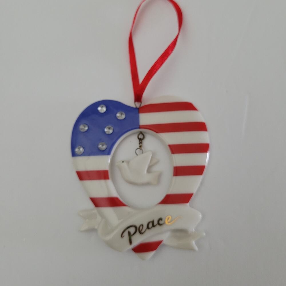American Flag Heart Dove Christmas Tree Ornament 3x2.5 inches